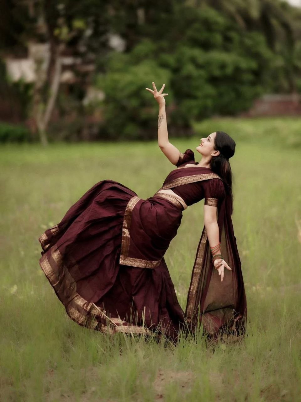 Dark Maroon with Antique Gold border Kanjivaram Silk Lehenga